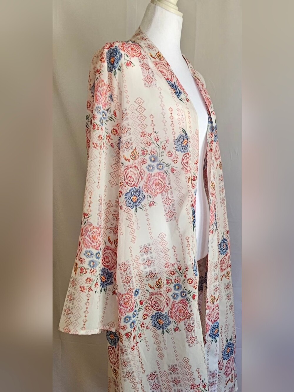 JORJA Floral Kimono Cardigan Duster XL White Pink Blue Open Front Lightweight - Picture 6 of 11